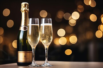 two glasses of champagne next to a bottle on a table with blurred background