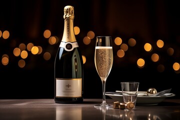 two glasses of champagne next to a bottle on a table with blurred background