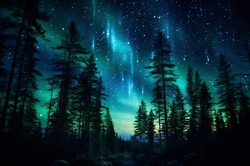 Photo sur Plexiglas Aurores boréales aurora borealis shining green over a pine forest in the arctic