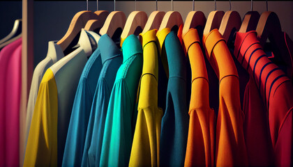 Colourful clothes on hangers in a dressing, Ai generated image