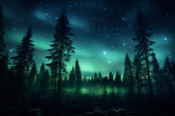 aurora borealis shining green over a pine forest in the arctic - obrazy, fototapety, plakaty