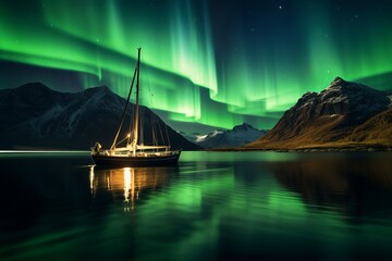 a sailboat sailing under the green shine of aurora borealis in the fiords of Norway