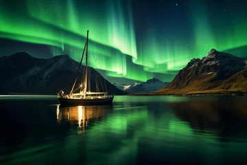 Photo sur Aluminium Europe du nord a sailboat sailing under the green shine of aurora borealis in the fiords of Norway