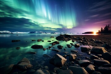 Obraz premium aurora borealis shining green over snowy mountains in the fiords of Norway