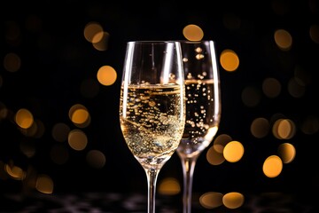 close up of a glass of champagne  full of bubbles in blurred light background