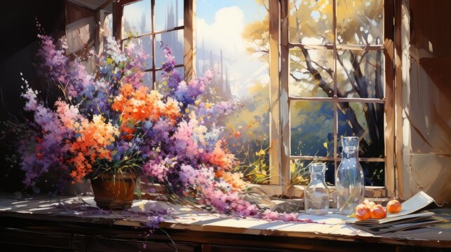 WATERCOLOR PAINTING. A BOUQUET OF COLORFUL FLOWERS IN FRONT OF A SUNNY WINDOW.