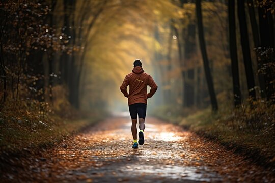 a runner wearing sport clothes running on a forest road in autumn