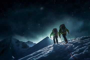 two alpinists climbing a snowy mountain in the arctic under aurora borealis