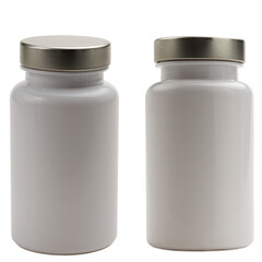 Pharmacy plastic pill bottle with a metal cap. Two two angles of view.