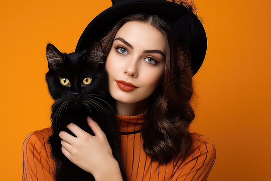 Cheerful girl in a witch costume holding a black cat in her hands on an orange background