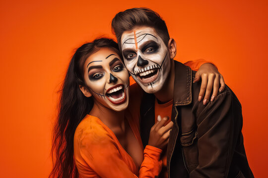 Cheerful multicultural couple in zombie costumes joking and posing on orange background