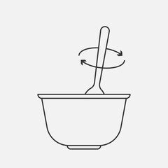 Spoon stirring in the bowl. Cooking or preparing, instruction for mixing. Vector