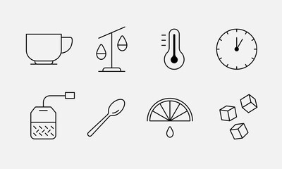Tea infographic line icons. Hot drink, lunch, time break. Vector