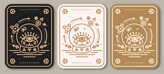 Esoteric symbols poster, banner. Vector. Thin line geometric badge. Outline icon for alchemy or sacred geometry. Mystic and magic design with glass ball and all-seeing eye.