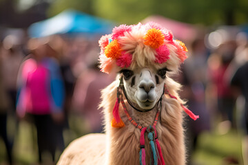 Friendly llama, alpaca in South America in a colorful costume at the festival