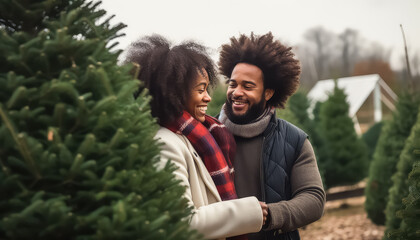 happy couple in love choosing christmas tree outdoors winter market
