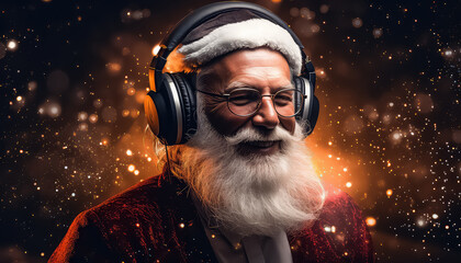 cool mature man with white beard in santa claus suit with headset headphones