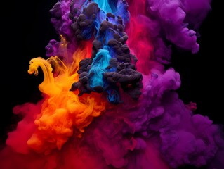 Bluish smoke cloud of colored powder images, in the style of bright orange, purple and blue colors,...