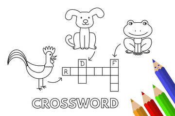 Cute animals crossword. Vector coloring book pages for children education