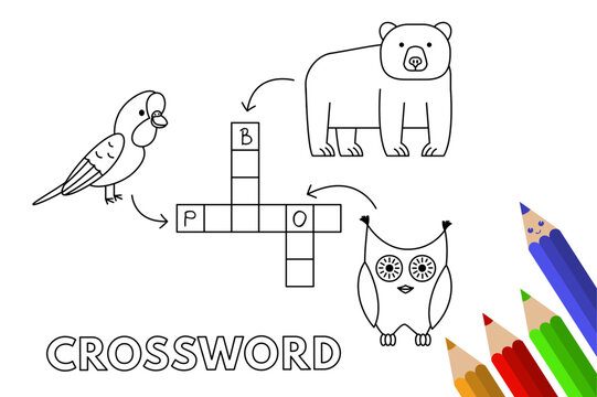 Cute animals crossword. Vector coloring book pages for children education