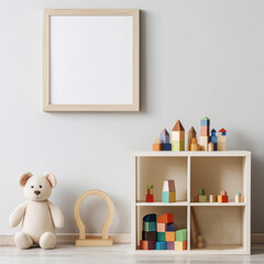 Children's room with wooden toys and an empty picture.