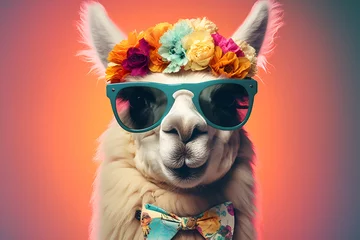 Foto op Plexiglas Lama Cheerful llama, alpaca in glasses on a bright background, with a multi-colored bow tie. Humorous postcard, funny poster.