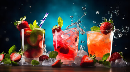 three glasses of different colored drinks with strawberries and mint leaves Generative AI - obrazy, fototapety, plakaty