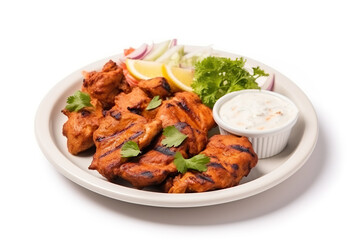 Fototapeta premium Portion of grilled chicken pieces, brazilian food, Souvlaki, Reshmi Chicken malai Tikka also known as Afghani murgh Malai Tikka, asian food, on white background.