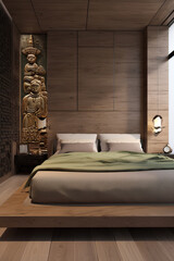Ethnic style bedroom interior with bed in modern house.