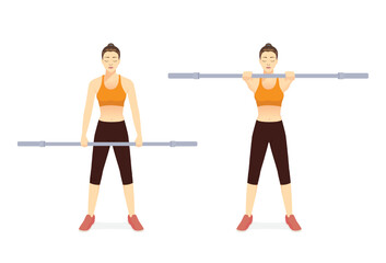 Sport woman doing the Barbell Front raise exercise with empty Barbell in 2 steps. Fitness diagram about challenging workouts with exercise equipment.