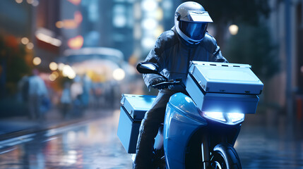 modern motorcyclist delivery man rides motorbike, delivery purchase orders to clients in city at night.