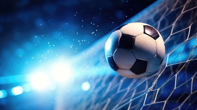 Soccer Ball Flies into Goal, Bending Net Against Flashing Lights on Blue Background
