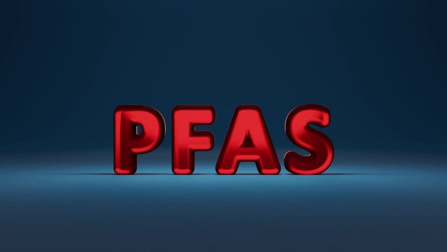PFAS red sign on a blue background. 

3D rendered seamlees loop animation.