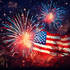 Illustration firework and United States flag, celebration of Independence Day of America.