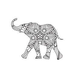  elephant. Hand drawn doodle indian elephant with tribal ornament. Vector ethnic elephant.