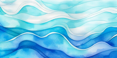 Fototapeta premium Ocean water waves blue background, wavy texture for copy space text. Dreamy beautiful teal illustration of sea wave, summer sky in abstract flowing motion. Web banner, art painting backdrop graphic.