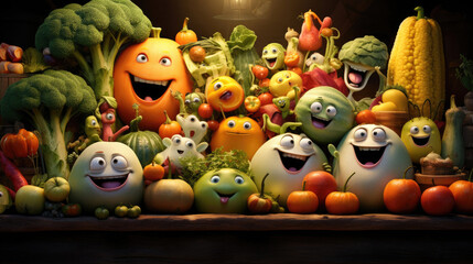 Fototapeta na wymiar Funny fruits and vegetables crowd
