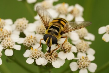 Closeup on a Batman or Deadhead hoverfly, Myathropa florea on a white Myathropa florea flower
