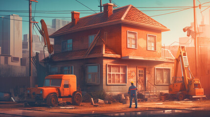 Construction concept with retro style concept workers and machines building house cartoon vector illustration.
