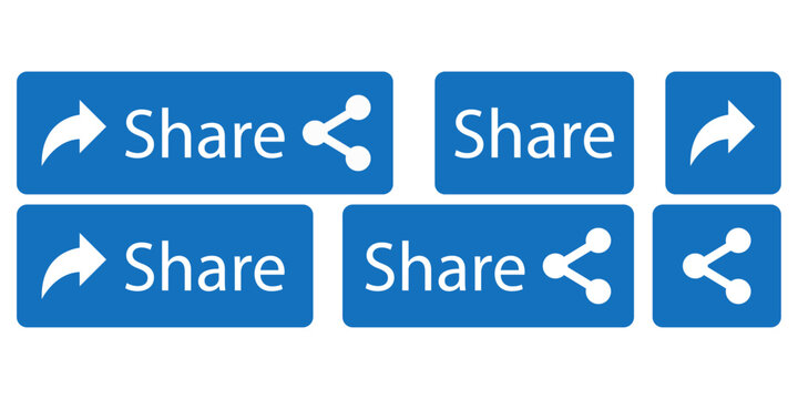 Share. Blue icons with inscription, picture, arrow, arrow and inscription. All variants and combinations of the Share icon.