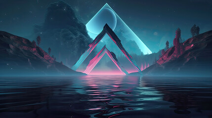 Futuristic fantasy landscape, sci-fi landscape with planet, neon light