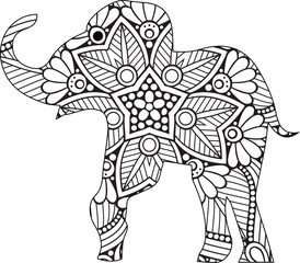 Drawing zentangle elephant, for coloring book for adult or other decorations. Coloring Book Page. Vector Contour Illustration