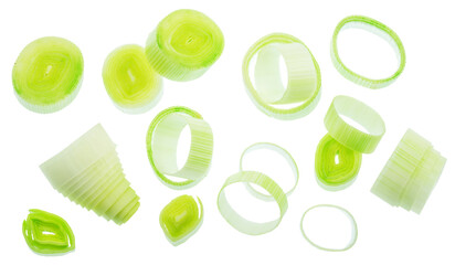 Rings of leek isolated on white background. File contains clipping path.