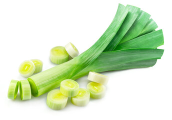 Rings of leek and leek stem isolated on white background.