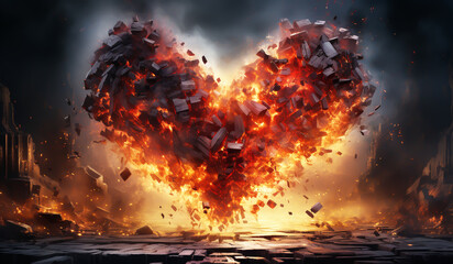 Heart exploded into fire fragments. AI generated