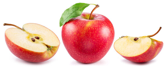 Red apple and apple slices isolated on white background.