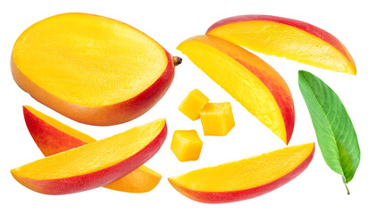Set of different mango slices on white background. File contains clipping paths.