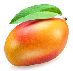 Mango fruit with green leaf isolated on white background.