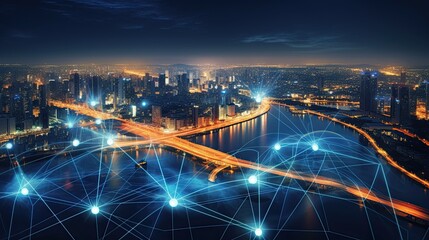 Modern city with wireless network connection and urban landscape concept, wireless network and technology connection with city background at night.