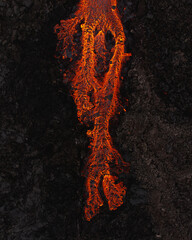 Aerial view from drone of volcano on Iceland and lava river eruption crater